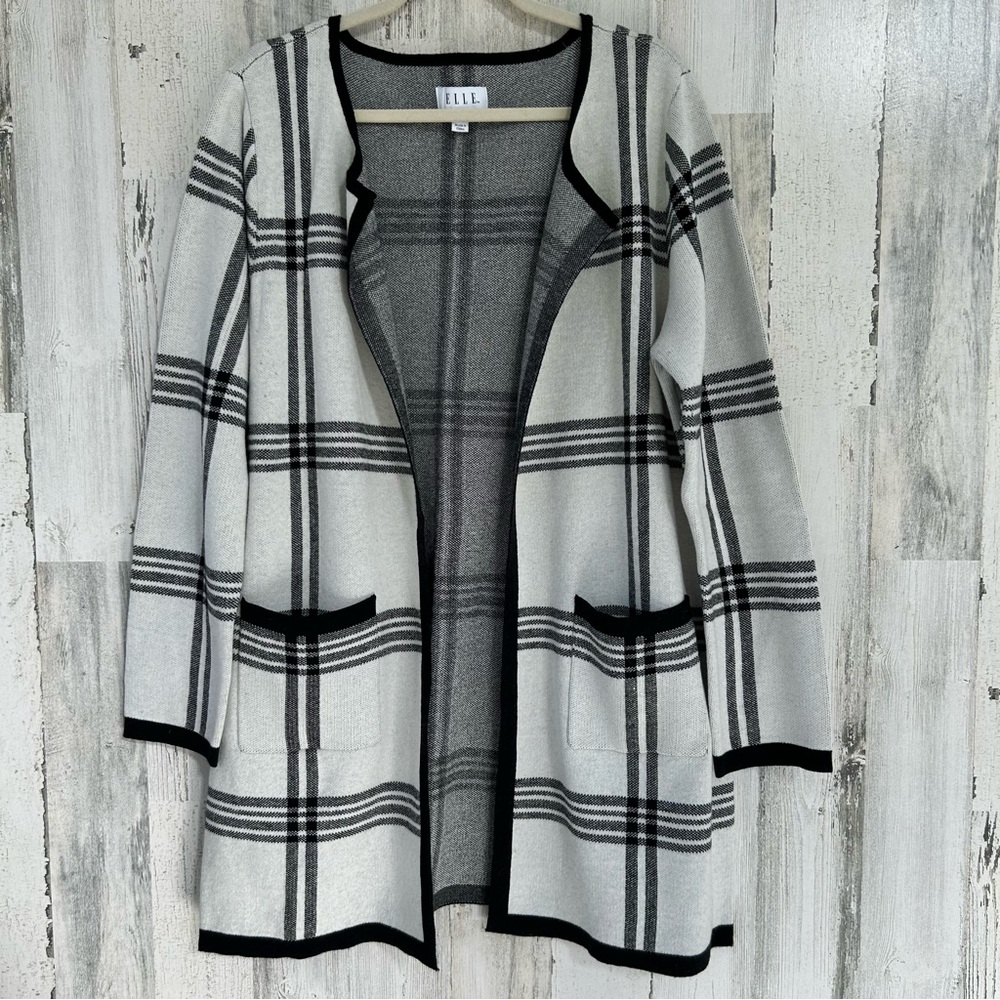 ELLE Black White Plaid Open Cardigan Sweater XXL
